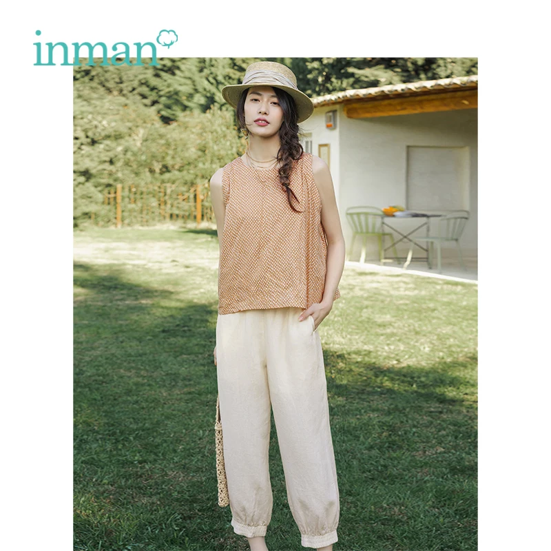 

INMAN 2019 Summer New Arrival O-neck non-sleeve Wave Point Blouse Elastic Waist Casual Pencil Pants Women Two Pieces Suit