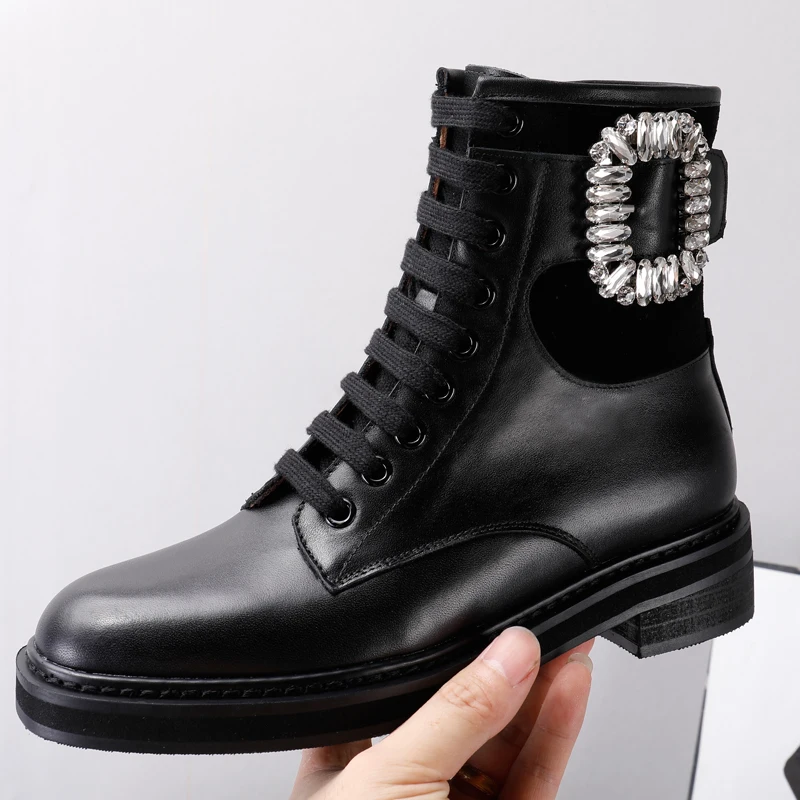 

Autumn Winter Boots Women Low Heels Leather Ankle Boots For Women Crystal High Top Military Boots Sapato Feminino Zapatos Mujer