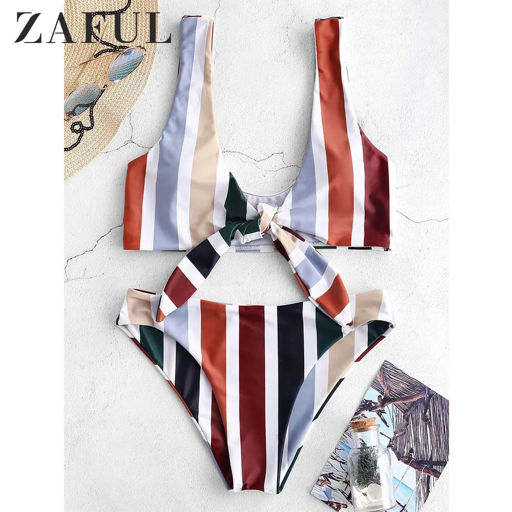 ZAFUL الملونة مخطط عقدة خزان مجموعة البكيني سلك الشحن مرونة سحب أكثر لباس سباحة النساء عطلة الشاطئ ثوب السباحة 2019 ZAFUL الملونة مخطط عقدة خزان مجموعة البكيني سلك الشحن مرونة سحب أكثر لباس سباحة النساء عطلة الشاطئ ثوب السباحة 2019