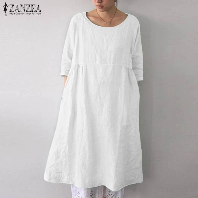 

2019 ZANZEA Fashion Dress Women 's Summer Sundress Vintage Half Sleeve Pockets Solid Vestidos Casual Beach Party Robe Femme 5XL