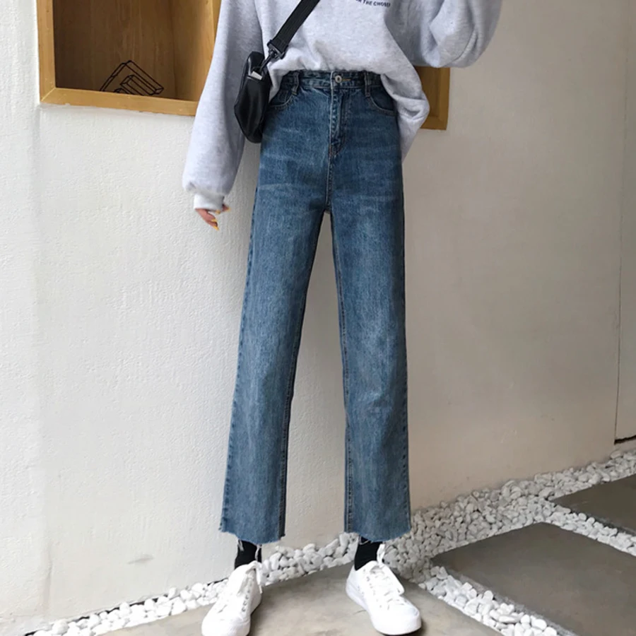 

Basic Denim Jeans Women High Waist Jeans Vintage Mom Style Straight Jeans Casual Ankle-Length Cowboy Pants