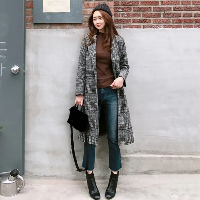 Manteau Nouvelle Automne En 2018 Laine Femmes Gris Manteaux À Longue Mince Vêtements Vintage Pour Hiver De Plaid Collar down Longues Manches Turn Dessus XIwdFvdq