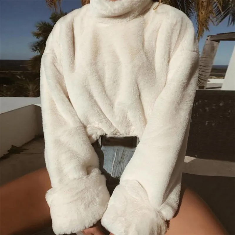  2019 Winter New Casual Long Sleeve Turtleneck Coat Top White Pullovers Fashion Keep Warm Wild Coat 192