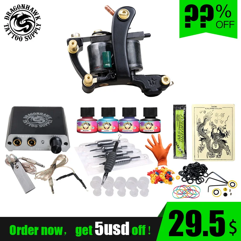 

Complete Tattoo kits 1 Gun Tattoo Machine Power Supply 4 Color Ink Sets Disposable Needle Grip Tips