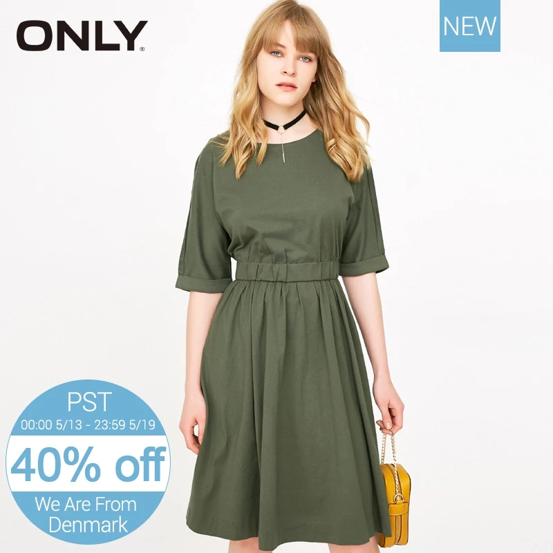 

ONLY Spring & Summer 2019 100% Cotton Pure Color Cinched Waist Roll-up Dress |118161526
