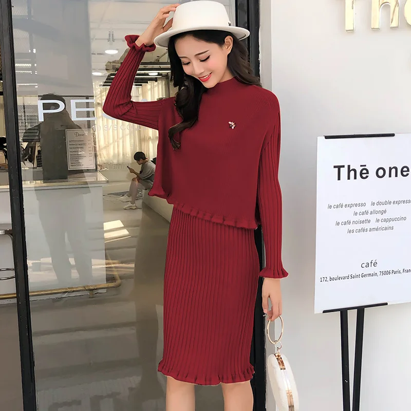 knitted suits women Korean fashion half a turtleneck vest dress two