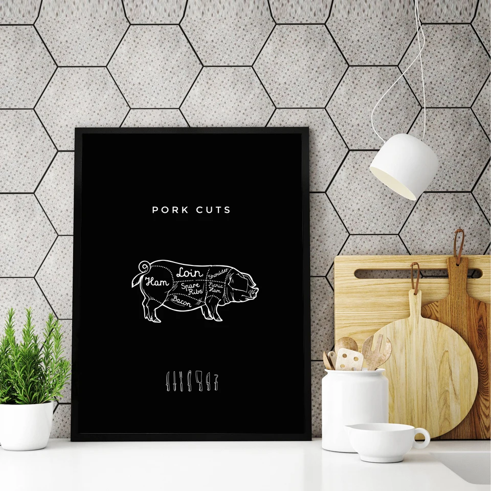 

Kitchen Chart Poster Butcher Diagram Canvas Painting Wall Art Picture Beef Pork Chicken Cuts Print Modern Restaurant Wall Decor