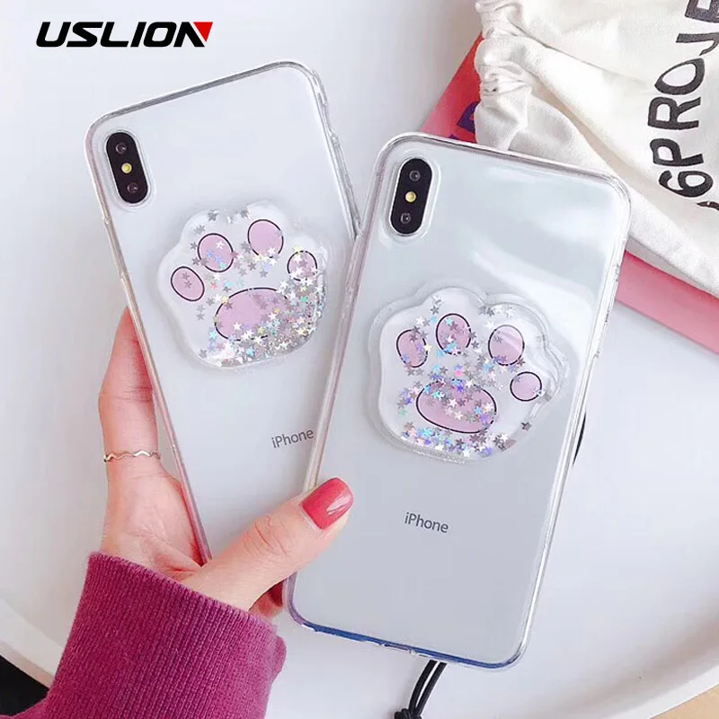 Чехол USLION с объемным мультяшным котом и жидким песком для телефона iPhone X XS XR Xs Max