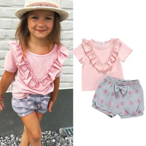 

Emmababy Cute Kids Baby Girl Ruffle Tops T-Shirt+Love Dot Shorts 2PCS Cotton Outfit Sunsuit