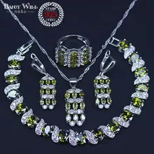 Серебро 925 Свадебный костюм Ювелирные наборы женские свадебные украшения с оливковым зеленым цирконием браслет ожерелья кулон кольца серьги