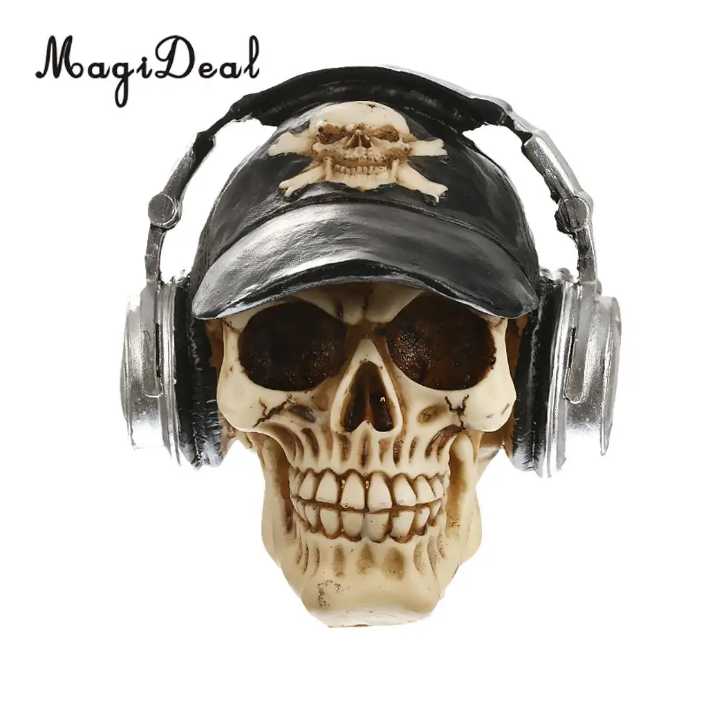 

3D Skeleton Skull with Cap and Headphone Model Head Bone Ornament Decorative Figurine Craft Gothic Design with Unique Design
