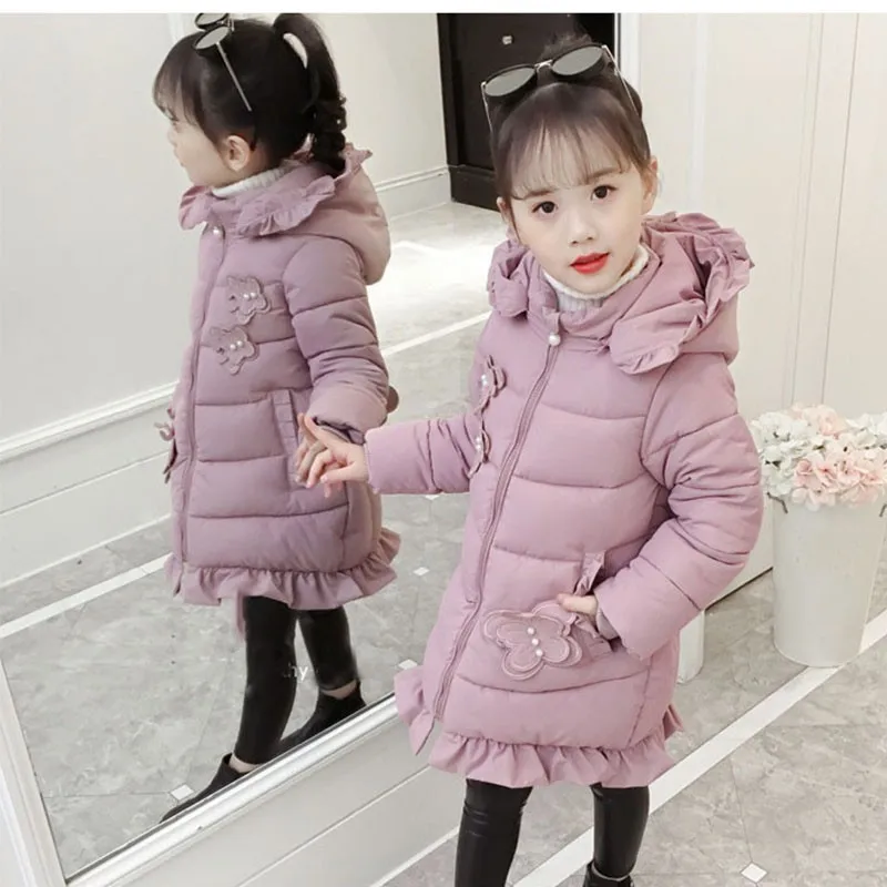 

Pink Hooded Ruffles Girls Winter Jackets And Coats Kids Fashion 2019 Cotton Long Warm Parkas Clothing Children Outerwear Padded