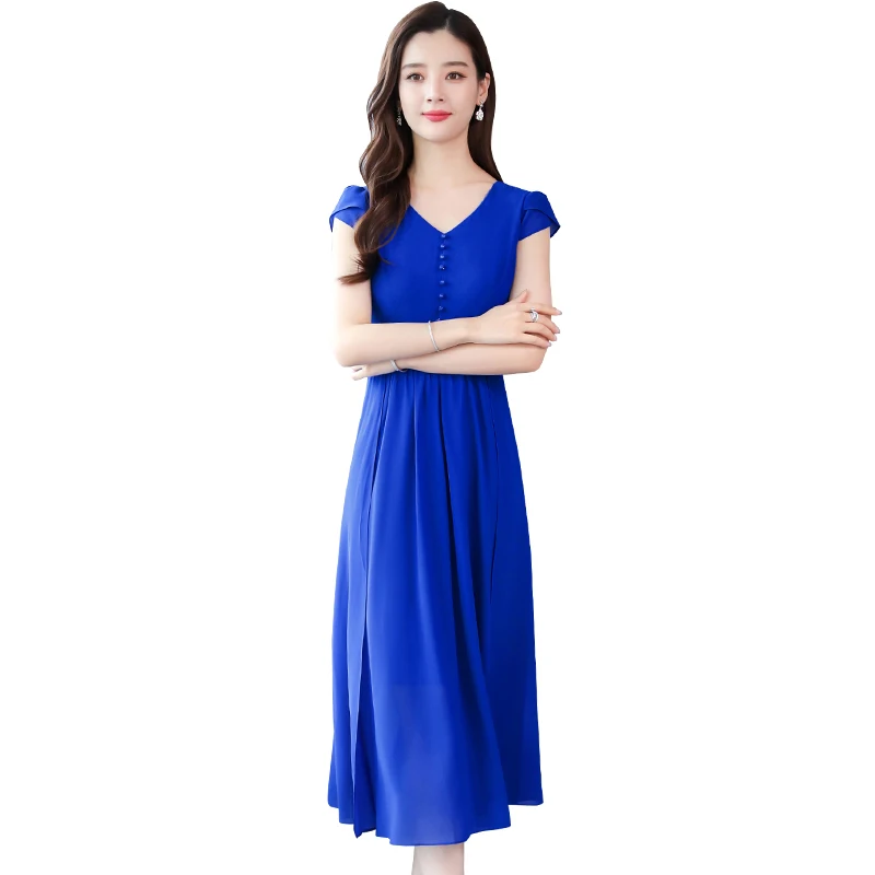 

2019 Summer Dress Elegant V-neck Short Sleeve Work OL Women Dress A-Line Chiffon Dresses Vestidos De Festa Plus Size M-4XL