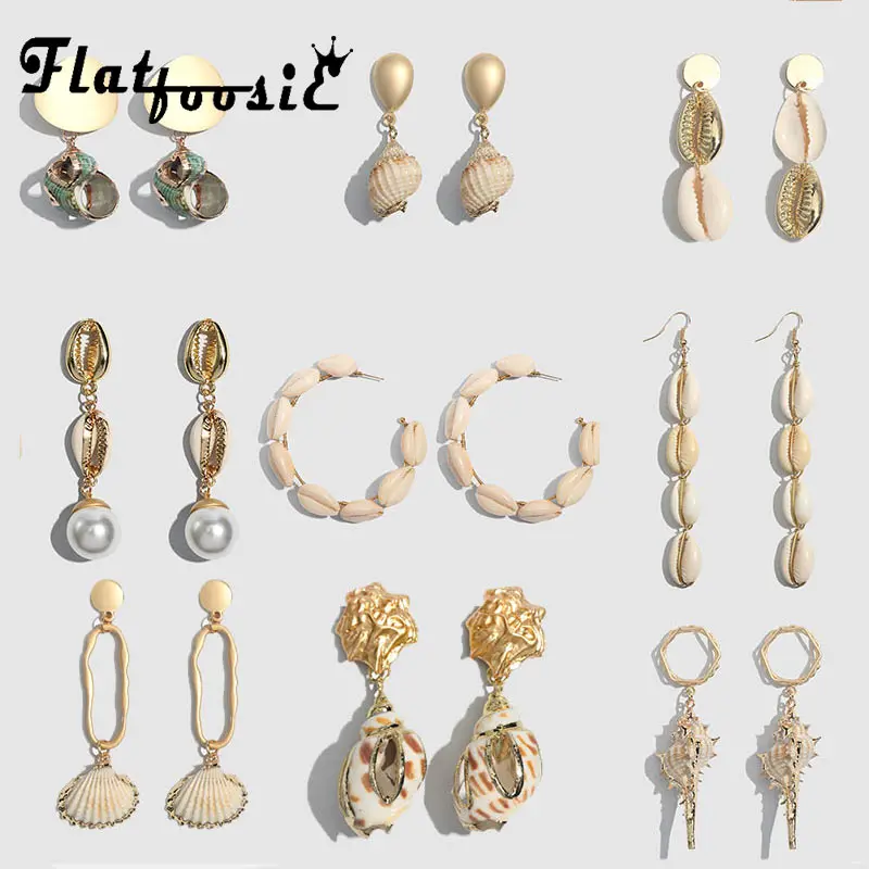 

Flatfoosie Brand Design Summer Shell Drop Earrings for Women Elegant Korean Wedding Jewelry Bohemian Statement New Earring Party