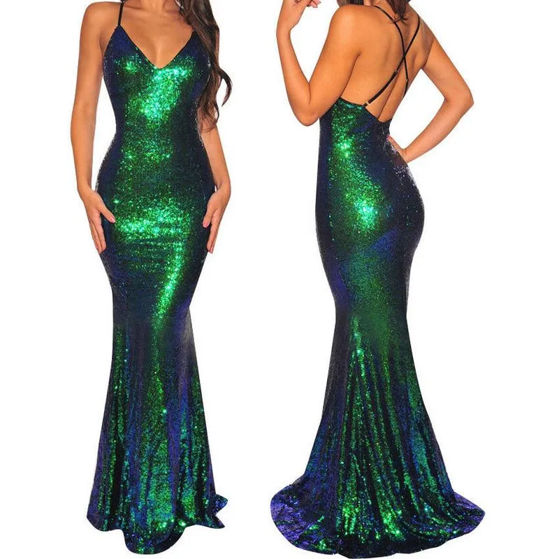 

Women's fashion V neck sleeveless sequin tight long maxi dress ladies evening party bridesmaid wedding strap dress