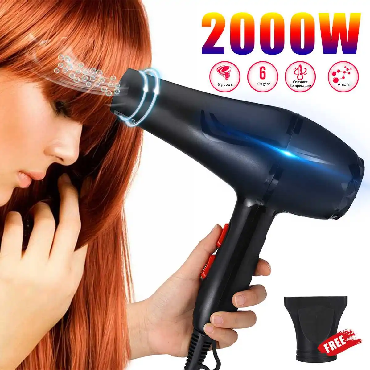

2000W High Power Hairdressing Salon Professional Electric Hair Dryer Blower Low Noise +Nozzle Not Hurt Hair for Home Salon Hotel