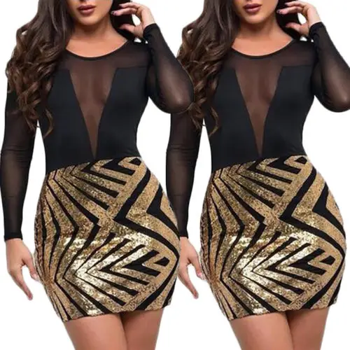 

Retro Sexy Deep V Neck Women's Bodycon Mesh Long Sleeve Evening Party Pencil Dress Girls Sequins Short Dress