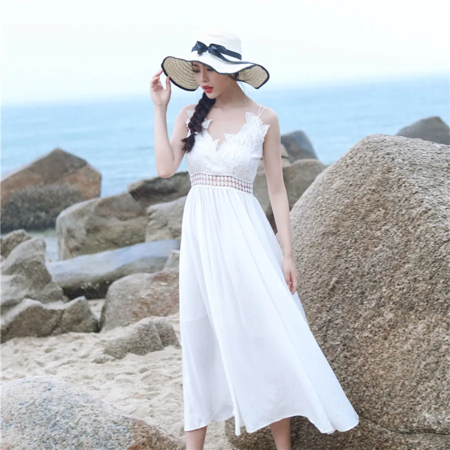 

Sexy Spaghetti Strap Lacce Dress Women Fashion V-Neck Sleeveless Summer White Backless Beach Party Dresses Vestidos