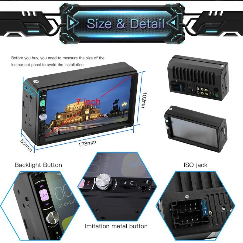 

7" 2 DIN MP5 Car Player Bluetooth Touch Screen Stereo Radio Camera Supports Android IOS System MirrorLink