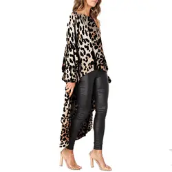 Женская модная свободная с круглым вырезом с пышными рукавами Леопардовый принт Асимметричная Длинная блузка рубашка Женская Осенняя