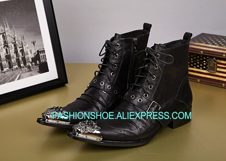 

Korean Style Metal pointed toe Buckle Genuine leather Height Increasing Lace Martin Boots Winter Shoes