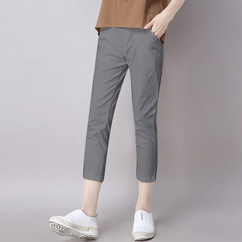 

Plus Size 2019 Summer Women Solid Pants Loose Casual Pencil Harm Pants Women Soild Cotton Linen Ankle-Length Trousers