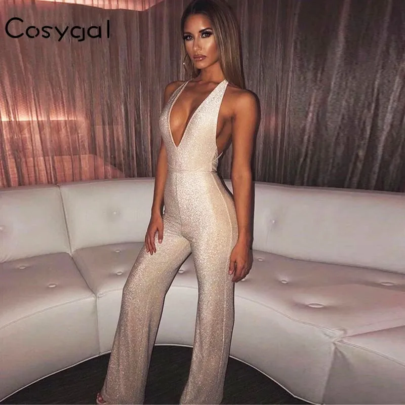 

COSYGAL Summer Sexy Rompers Womens Jumpsuit Deep V Neck Bandage Jumpsuits Full Pants Backless Blingbling Overalls For Women