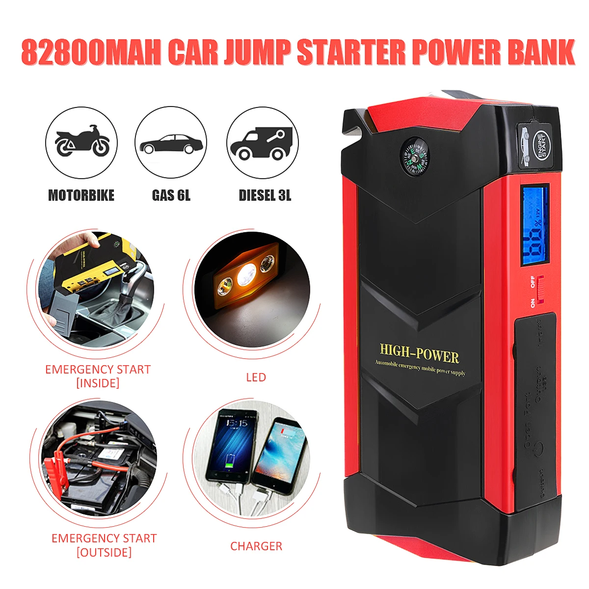 High Power 12V 82800mAh 4USB Car Battery Charger Starting Car Jump Starter Booster Power Bank