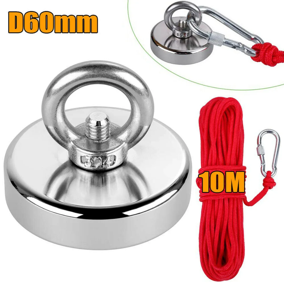

110KG 60*55mm Recovery Magnet with Ring Fishing Treasure Hunting Metal Detector + 10M Rope Red Powerful Magnet Neodymium iron