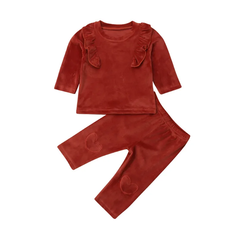 

2019 New Toddler Kids Baby Girls Clothes Set Velvet Autumn Long Sleeve Red Solid Ruffle Tops T-shirt Pants Girl Outfit 2PCs