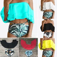 Новинка, летний женский купальник с оборками и зелеными листьями, бандажный комплект бикини из двух частей, купальник с открытыми плечами, сексуальный пляжный купальник Biqiuni