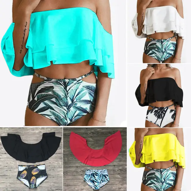 {Excellent|Wonderfull|Very Good|Very Recommended} 2019 New Summer Green Leaves Ruffles Swimsuit Women Bandage Two Piece Bikini Set One Off Shoulder Swimwear Sexy Beach Biqiuni Cheap Offers