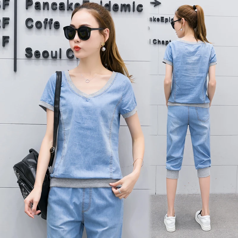 

2019 summer fashion women's fashion denim crop top and pants set female Cowboy jacket + denim pants 2 piece suits plus size 3xl