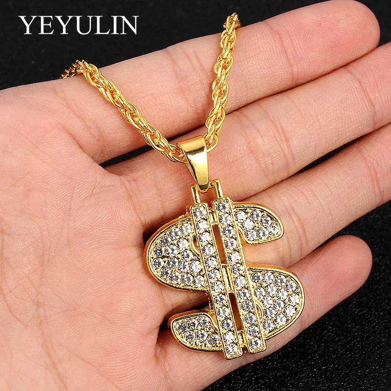 

Personality Gold-Color Hip Hop Full Rhinestone US Dollar Shape Pendant Necklace With Long Link Chain Rock Necklace For Women Men