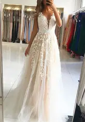 Vestido formatura простые линии платье для выпускного вечера Длинные 2019 глубокий v-образный вырез спинки с аппликацией из тюля вечерние деловые