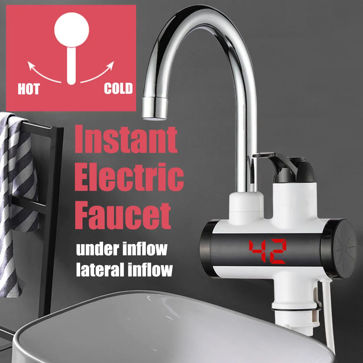 

Home Instant Electric Faucet Tap Hot Water Heater 220V 3000W LED Display Bathroom Kitchen Under Inflow/Lateral Inflow IPX4