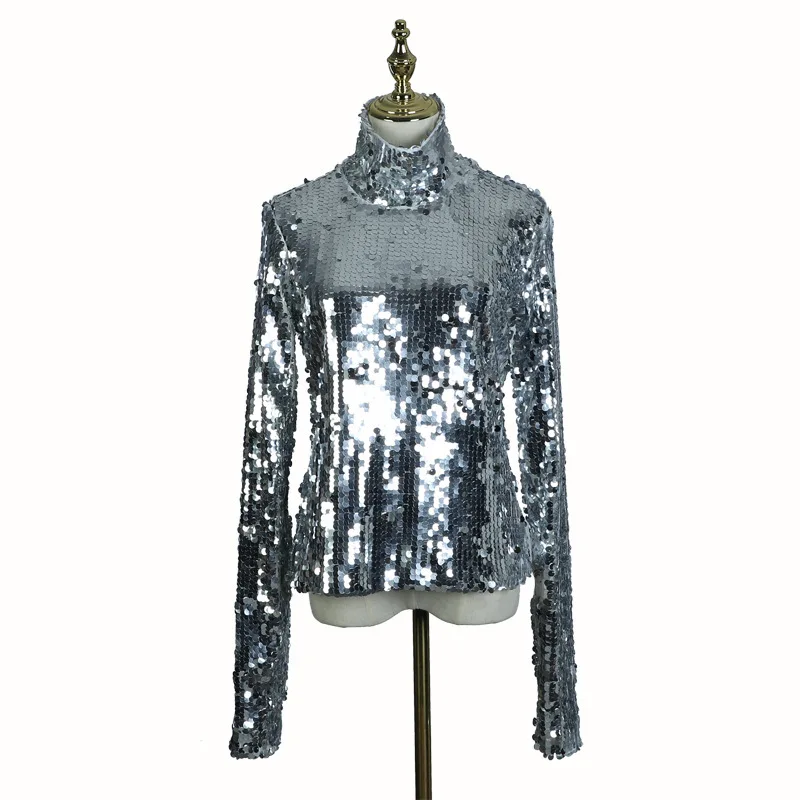 [EAM] 2019 New Spring Stand Collar Long Sleeve Black Sequins Split Joint Loose Shirt Women Blouse Fashion Tide JL321