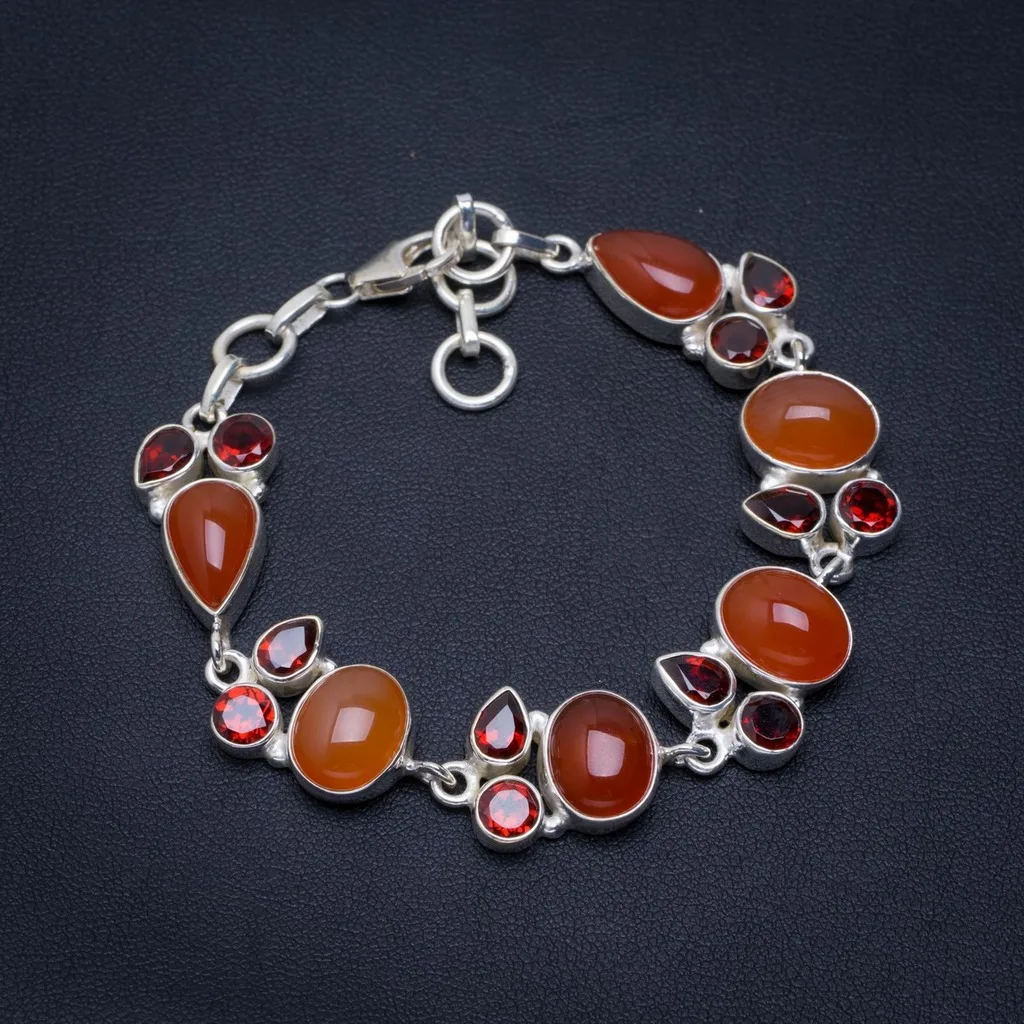 

Natural Carnelian and Garnet Handmade Unique 925 Sterling Silver Bracelet 6-7.25" A2791