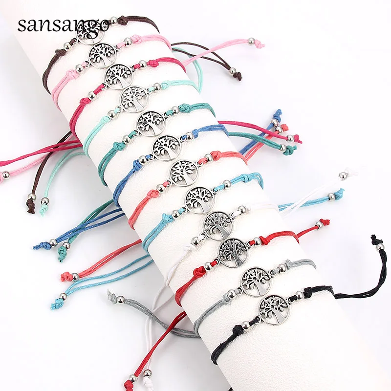 Antique Silver Tree Of Life Shape Alloy Charm Bracelet Cord Bangle Women Men 12 Pcs