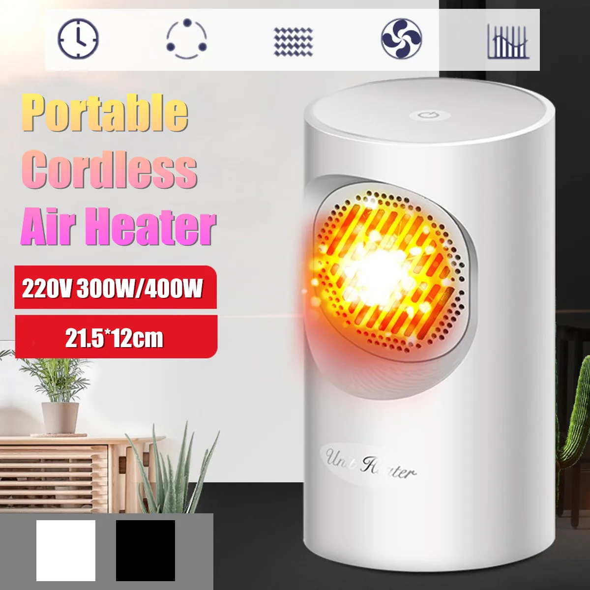 

Portable Cordless Electric Heater Air Heater 220V 300/400W 2S Rapid Fever Black/White Cold/Warm Home Heating Overheating protect