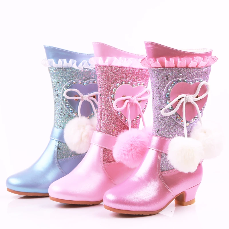 

girls boots winter children's shoes pink princess party wedding shoes fashion high to help big children's boots size 26 -36