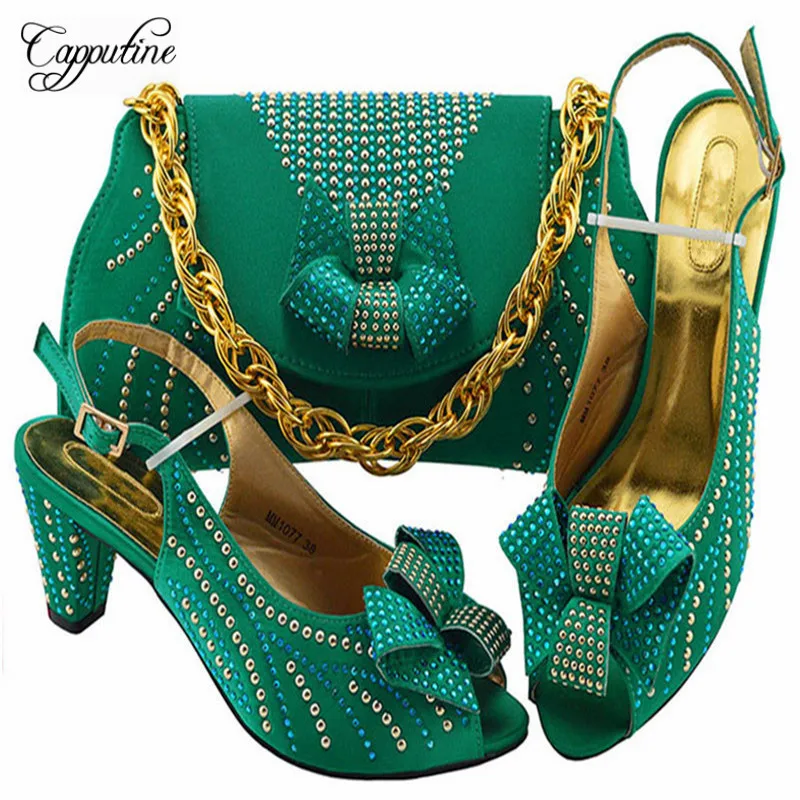 

New Arrival Ladies Italian Shoes And Bag Set African Decorated With Rhinestone Pumps 3.5CM Shoes And Bag Set For Party M1091