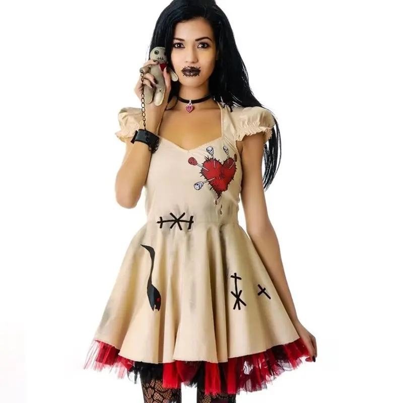 

Summer Gothic Vintage Chic Elegant Halloween Sexy Club Women Mini Dresses Sweet Retro Puff Sleeve Lace Princess Retro Dress 2XL