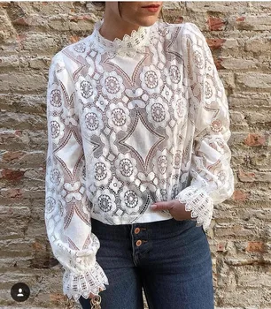 

Women Blouses White Lace Hollow Out Floral Long Sleeve Stand Neck Women Clothing Top All Matched Ropa Mujer