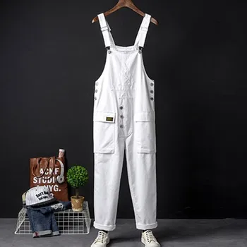 

Euro Style Male Casual suspenders Cargo Pants 2019 Summer Men's Bib Overalls Rompers Loose Black White Jumpsuits For Man A9233