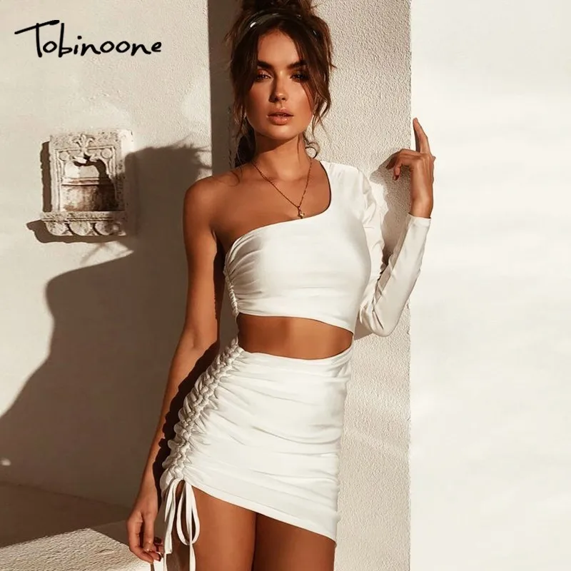 

Tobinoone cotton one shoulder dress long sleeve high waist sexy bodycon dresses 2019 spring summer women fashion party dress