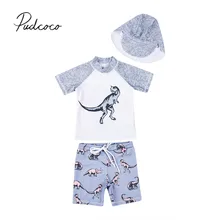 Летний купальный костюм для маленьких мальчиков с динозавром, пляжный купальный костюм, купальный костюм+ шапочка, топы с короткими рукавами+ штаны, защита от солнца