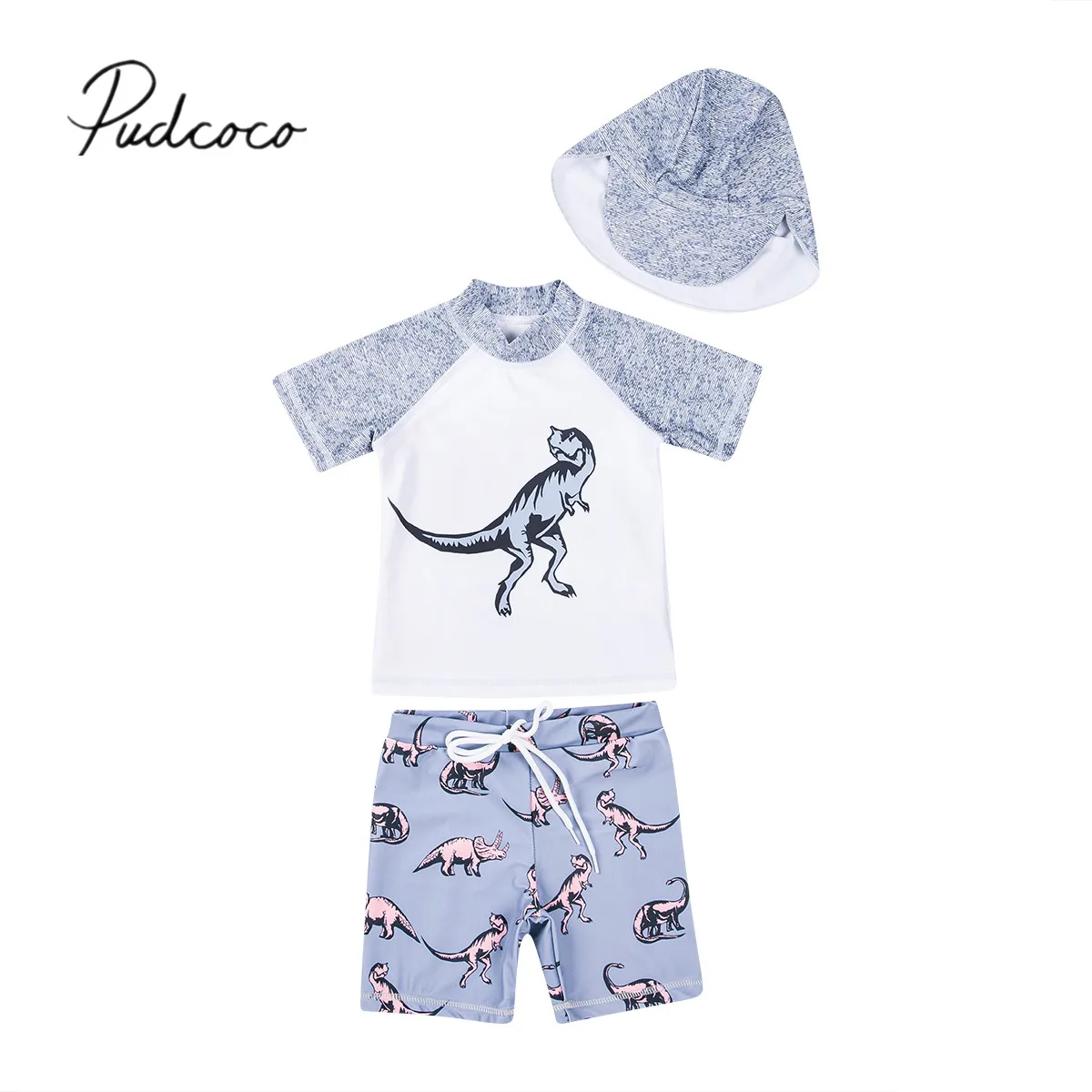 

2019 Summer Swimsuit Baby Kids Boy Dinosaur Beach Swimwear Swimsuit Swimming Costume+Hat Short Sleeve Tops+ Bottoms Sun Protect