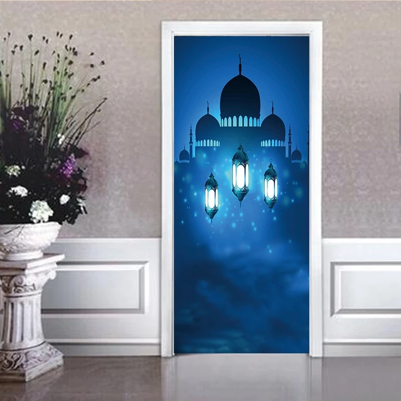 

Ramadan and eid Secorations 3 chandeliers Door Stickers Muslim Creative Landscape Bedroom Stickers 3D Eid Mubarak Door Stickers