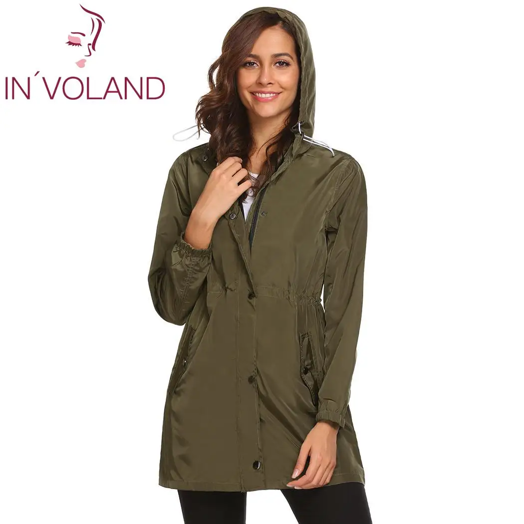 Women Long Sleeve Hooded Drawstring Rain Coat Light Weight Packable
